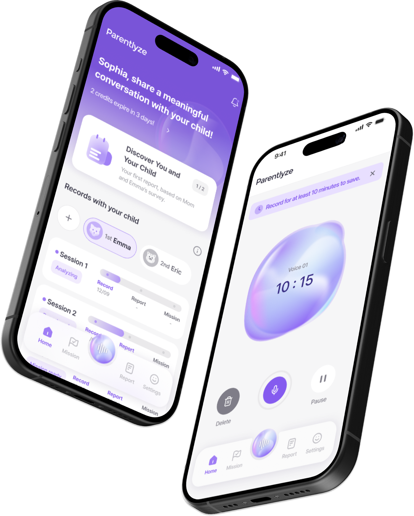 Parentlyze app home and conversation recording screens